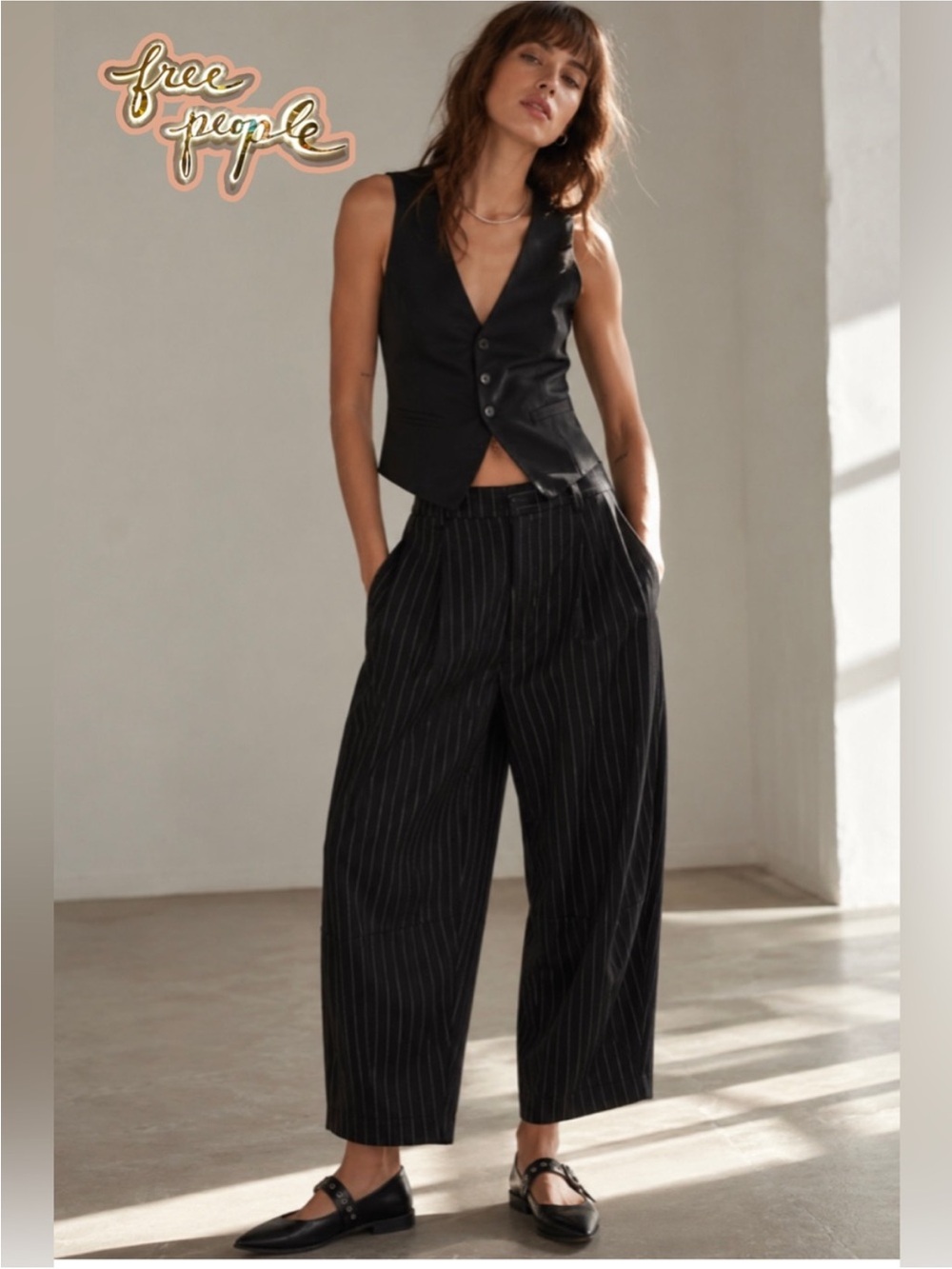 Free People Tate Pinstriped Barrel Leg Trouser Pants 4
